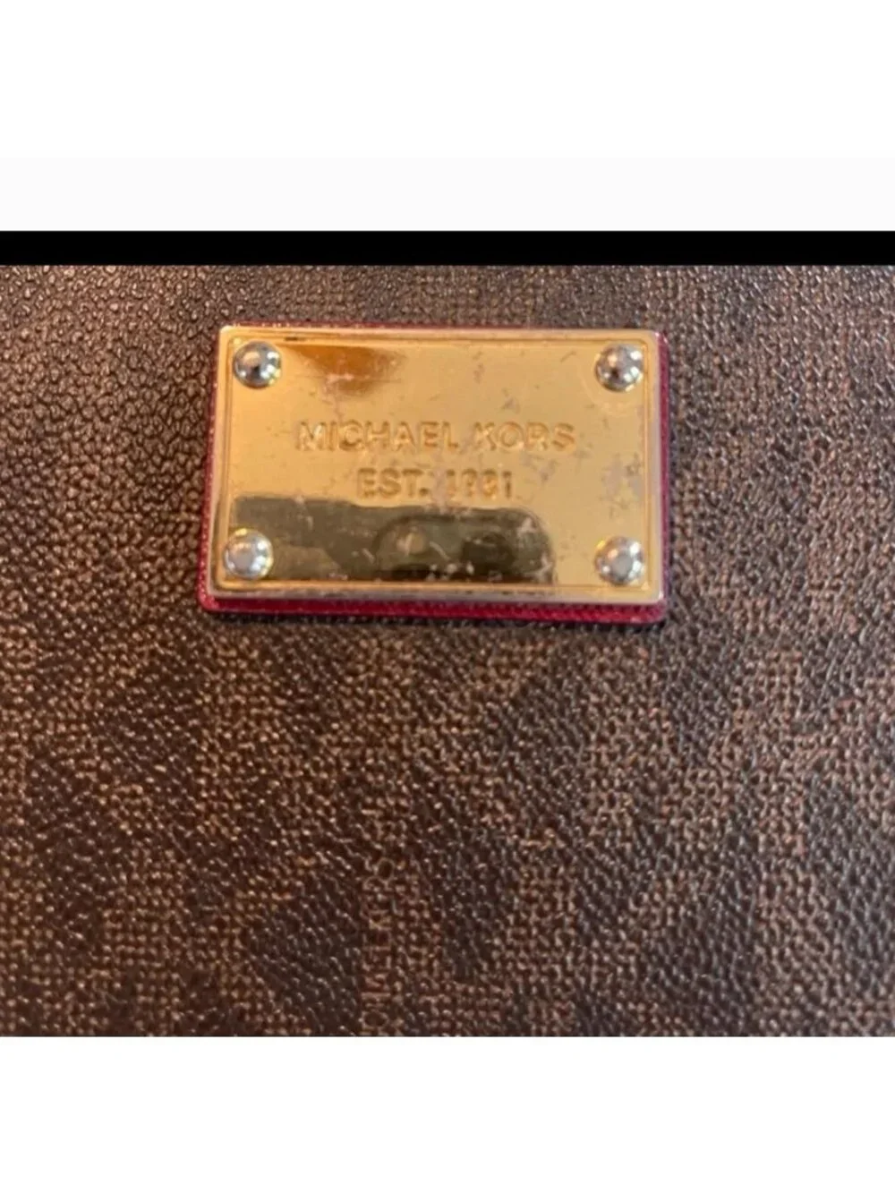 Michael Kors Brown & Gold Saffiano Leather Zip-Around Wallet With Red Interior &